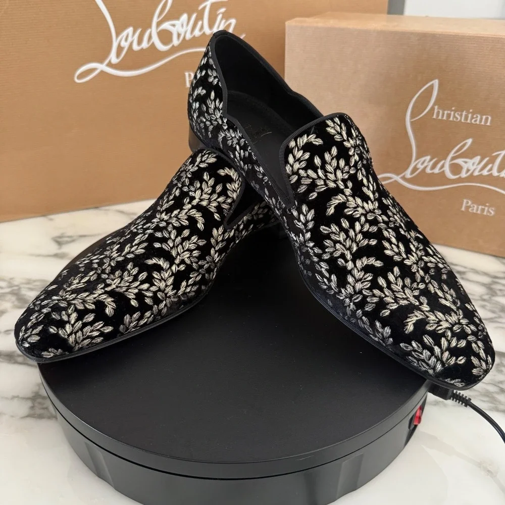 Christian Louboutin 1240896 Dandy Chick Orlato Shoe, Embroidered Black Velvet 42